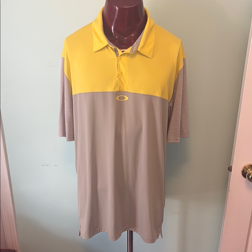 Oakley Yellow and Tan Polo Shirt with Color Block Design